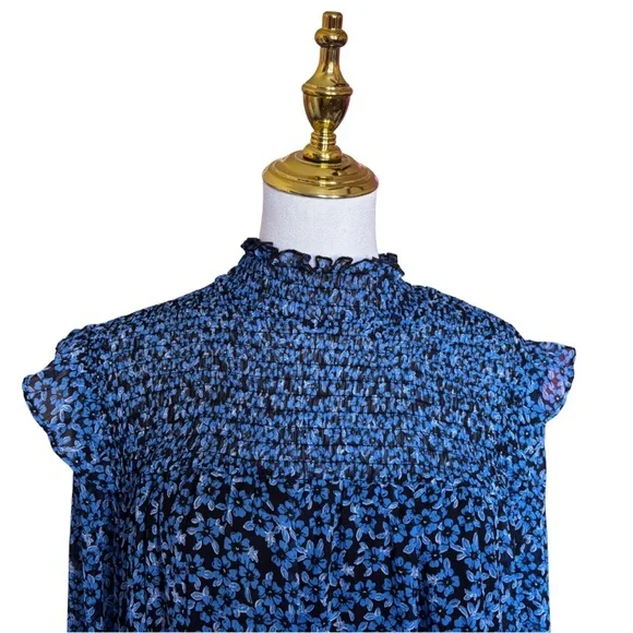 Francesca's Collections Blue Floral Ruched Long Sleeve High Neck Dress - Picture 6 of 11